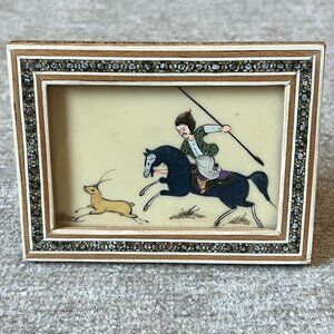 Vintage Miniature Persian Art Plaque Inlayed Frame Hunter On Horseback Gazelle